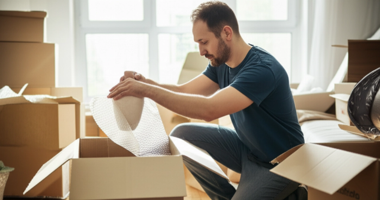 Ein kaukasischer Mann verpackt vorsichtig zerbrechliche Gegenstände in einen Umzugskarton, in einem teilweise gepackten Raum.