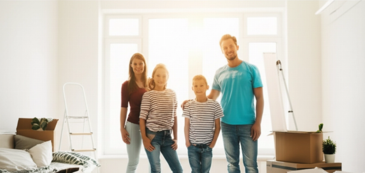 Eine lächelnde kaukasische Familie beginnt im hellen Wohnzimmer ihrer neuen Wohnung auszupacken, umgeben von Kartons.