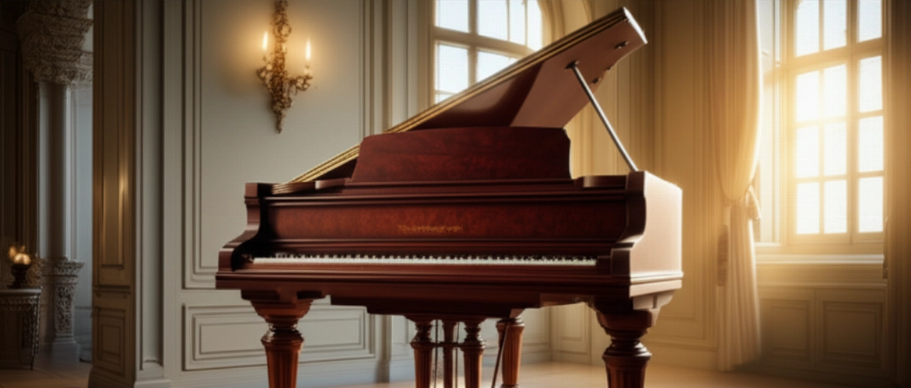 Ein imposantes antikes dunkles Mahagoni-Klavier in einem klassischen Salon, das seine solide und schwere Präsenz hervorhebt.