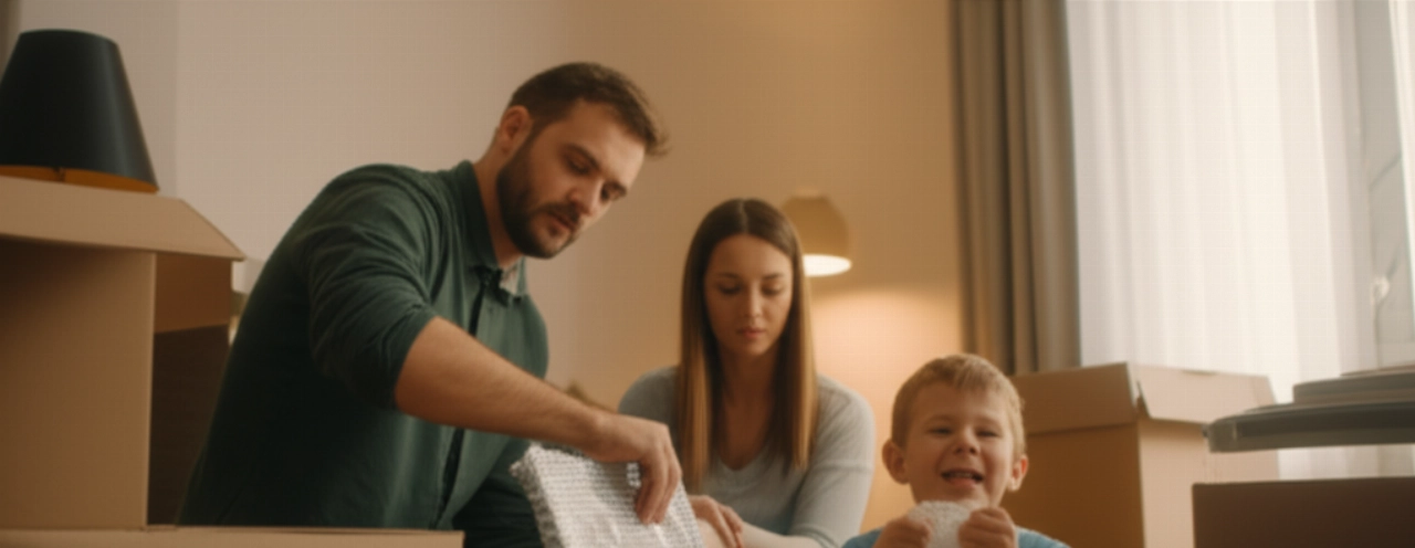 Eine kaukasische Familie verpackt Gegenstände mit Luftpolsterfolie während eines Umzugs, wobei das Kind mit den Blasen spielt.