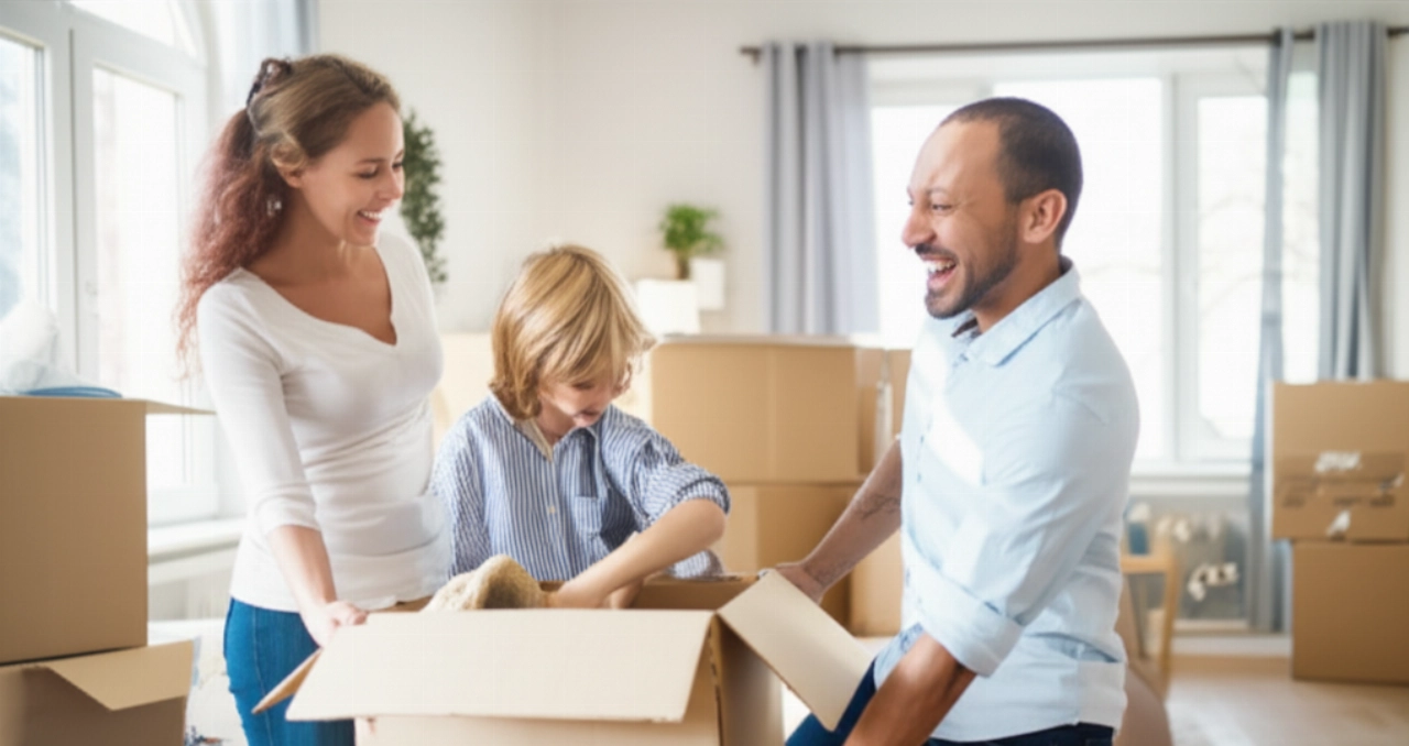 Glückliche Familie packt in einem neuen, hellen Wohnzimmer nach einem Umzug aus.