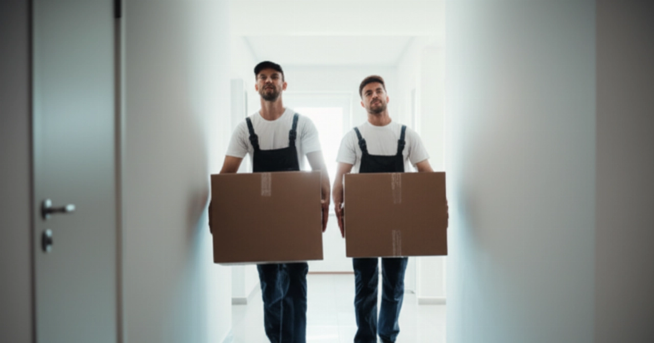 Zwei professionelle kaukasische Umzugshelfer tragen vorsichtig eine Kiste in einem modernen Apartmentflur, was Effizienz und Sorgfalt symbolisiert.