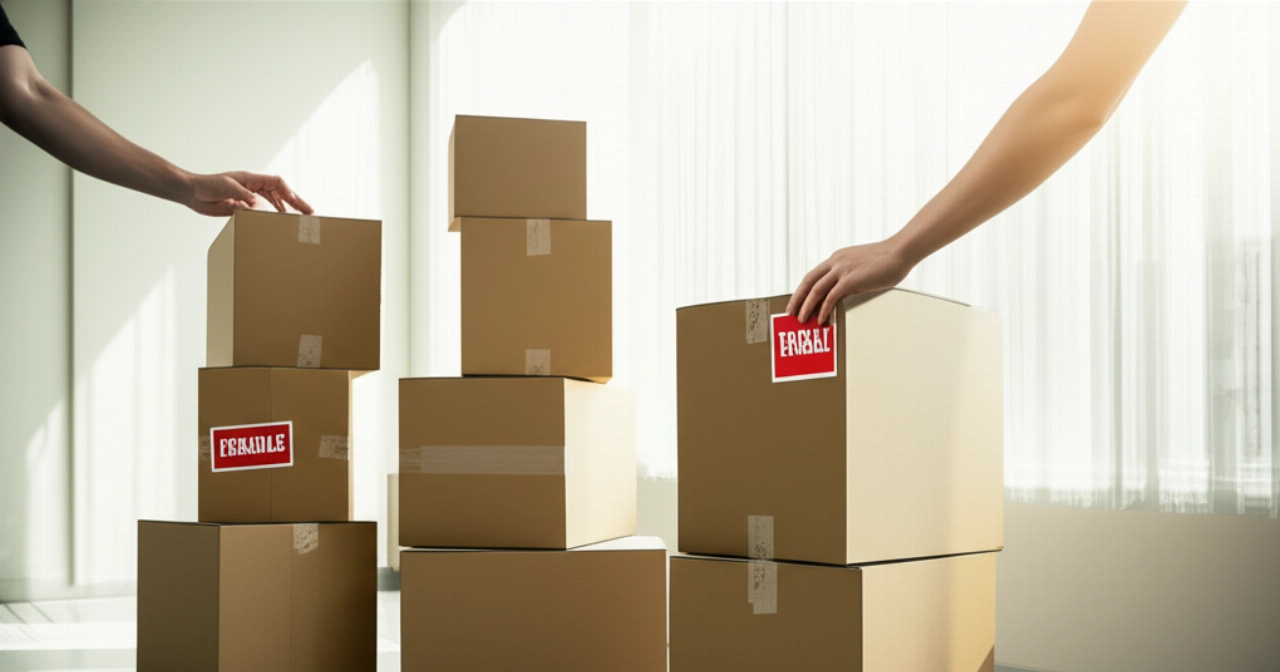Organisierte und beschriftete Umzugskartons in einem modernen, hellen Wohnzimmer.