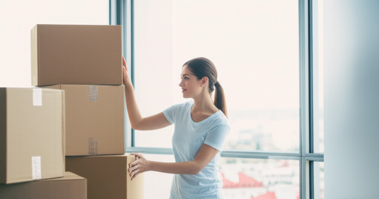 Gelassene kaukasische Frau in einem hellen Raum mit Umzugskartons, die die einfache Online-Umzugsplanung symbolisiert.