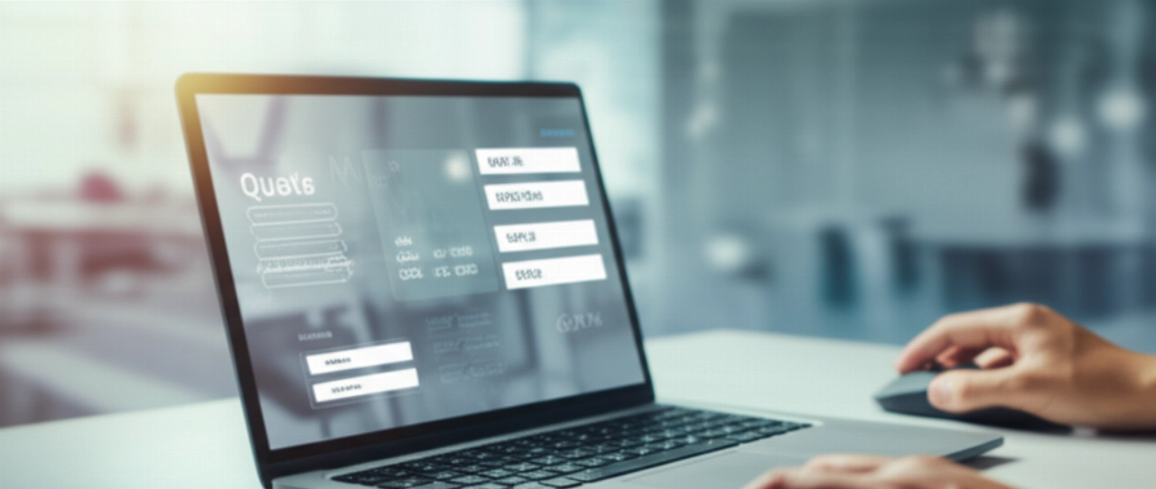 Moderner Laptop-Bildschirm mit Online-Umzugs Kostenvoranschlag-Oberfläche, kaukasische Hand auf der Maus, auf einem minimalistischen Schreibtisch.