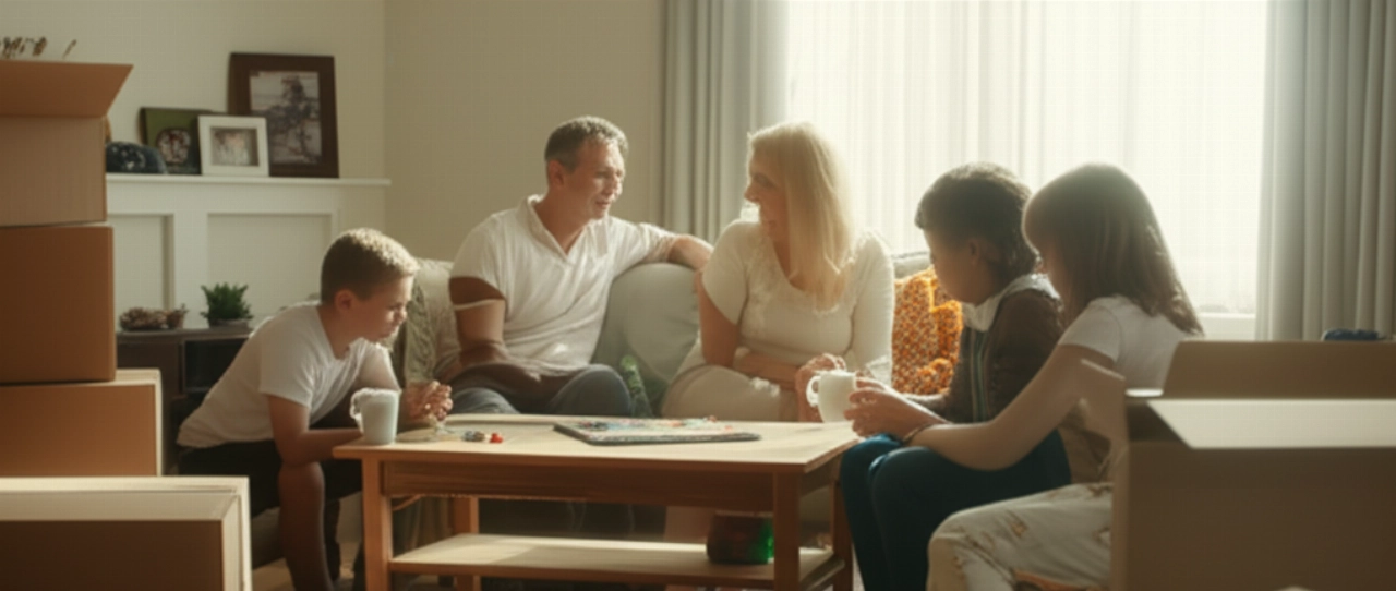 Entspannte und glückliche kaukasische Familie in ihrem neuen Wohnzimmer, nach einem stressfreien und kostengünstigen Umzug.