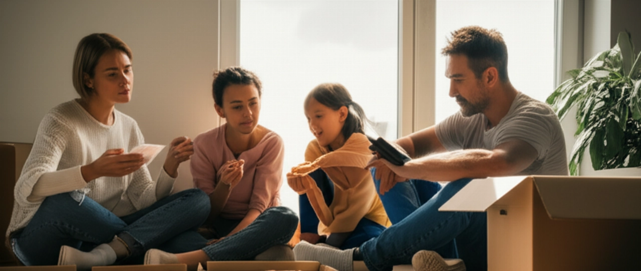 Eine kaukasische Familie entspannt sich auf dem Boden ihrer neuen, fast leeren Wohnung, durchflutet von Sonnenlicht, ein Moment der Erleichterung nach dem Umzug und seinen Kosten.