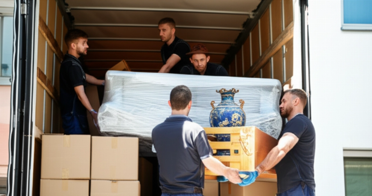 Professionelle kaukasische Umzugsunternehmen laden sorgfältig verschiedene Gegenstände, einschließlich Möbel und Kartons, auf einen Lastwagen.
