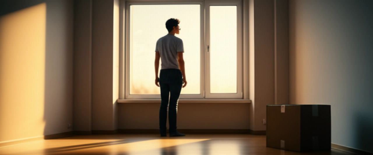 Kaukasische Person in einer leeren Wohnung, schaut aus dem Fenster, symbolisiert einen Neuanfang nach dem Umzug.