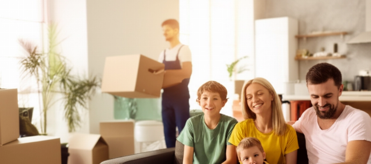 Eine glückliche Familie entspannt sich in ihrem neuen Zuhause nach einem von Profis durchgeführten Umzug.