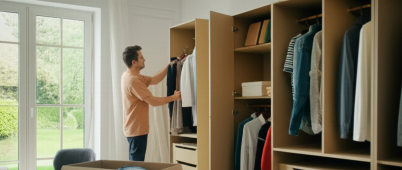 Zufriedener Mann, der Kleidung mühelos von einem Kleiderkarton in einen neuen Kleiderschrank umräumt.