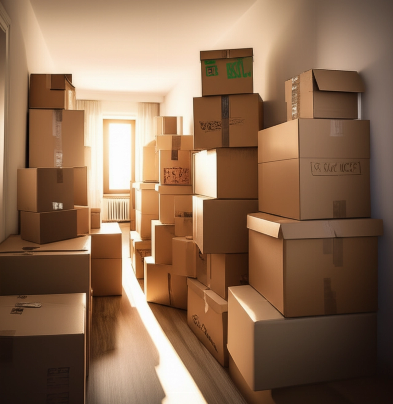 Flur voller gestapelter Umzugskartons, beleuchtet von natürlichem Licht.