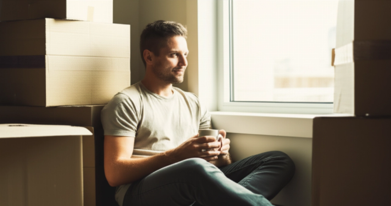 Kaukasischer Mann entspannt sich in einer neuen Wohnung, umgeben von Umzugskartons.