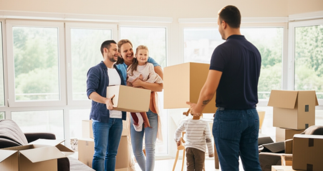 Eine glückliche kaukasische Familie und ein lächelnder Umzugshelfer in einem neuen sonnigen Wohnzimmer, mit teilweise ausgepackten Kartons, die einen abgeschlossenen Umzug symbolisieren.