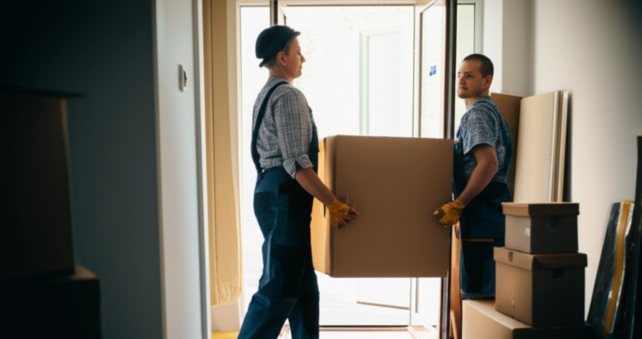 Zwei kaukasische Mitarbeiter räumen ein Haus, tragen leere Kartons vorsichtig.