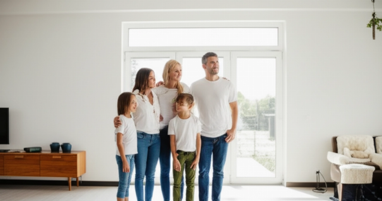 Eine glückliche und entspannte kaukasische Familie in einem neuen geräumigen Wohnzimmer, Symbol eines erfolgreichen Umzugs.