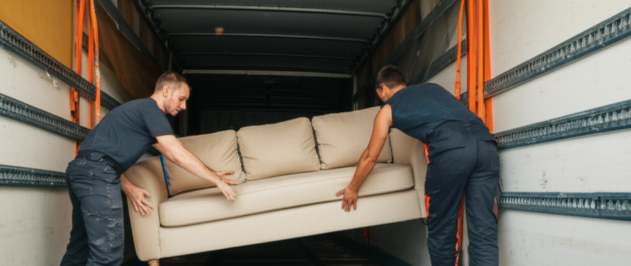 Großes beiges Sektionssofa, sorgfältig von zwei kräftigen kaukasischen Umzugsunternehmen auf einen Umzugswagen geladen.