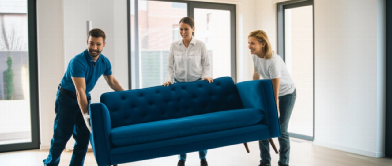 Elegantes blaues Samtsofa, von zwei kaukasischen Lieferanten in ein helles modernes Wohnzimmer geliefert, mit einer zufriedenen Kundin.