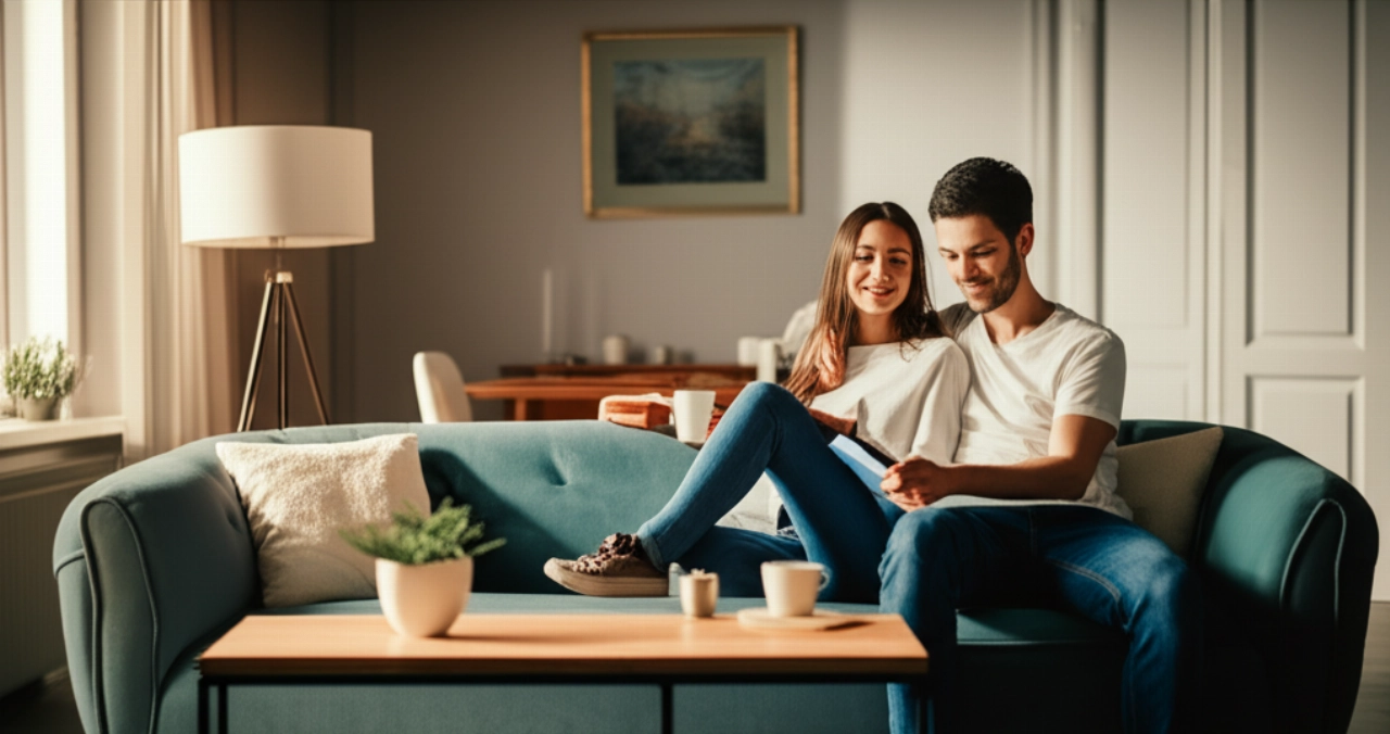 Ein junges kaukasisches Paar entspannt sich auf einem neuen Sofa in einem gemütlichen, sonnendurchfluteten Wohnzimmer.