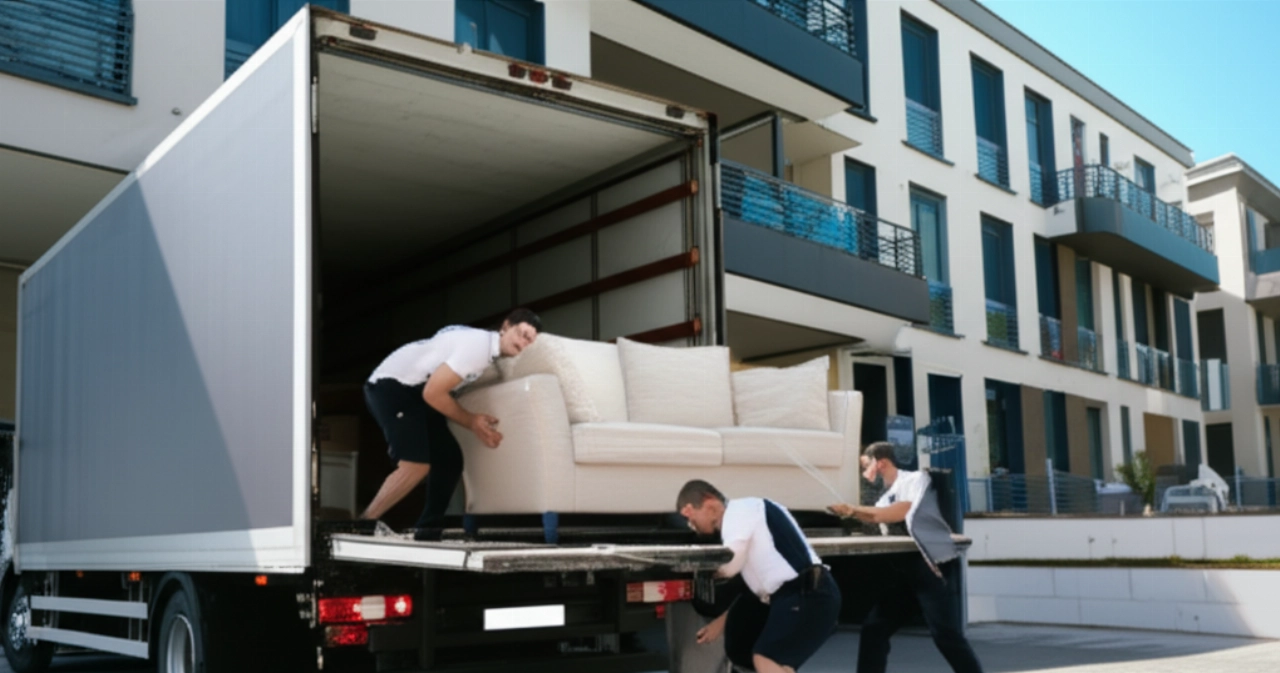 Zwei kaukasische Kuriere laden vorsichtig ein großes Sofa von einem professionellen Lieferwagen ab.