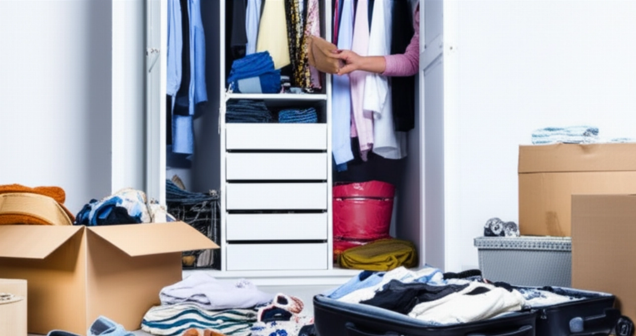 Umzugsszene mit gefalteter Kleidung in Kartons und einem fast leeren Kleiderschrank.