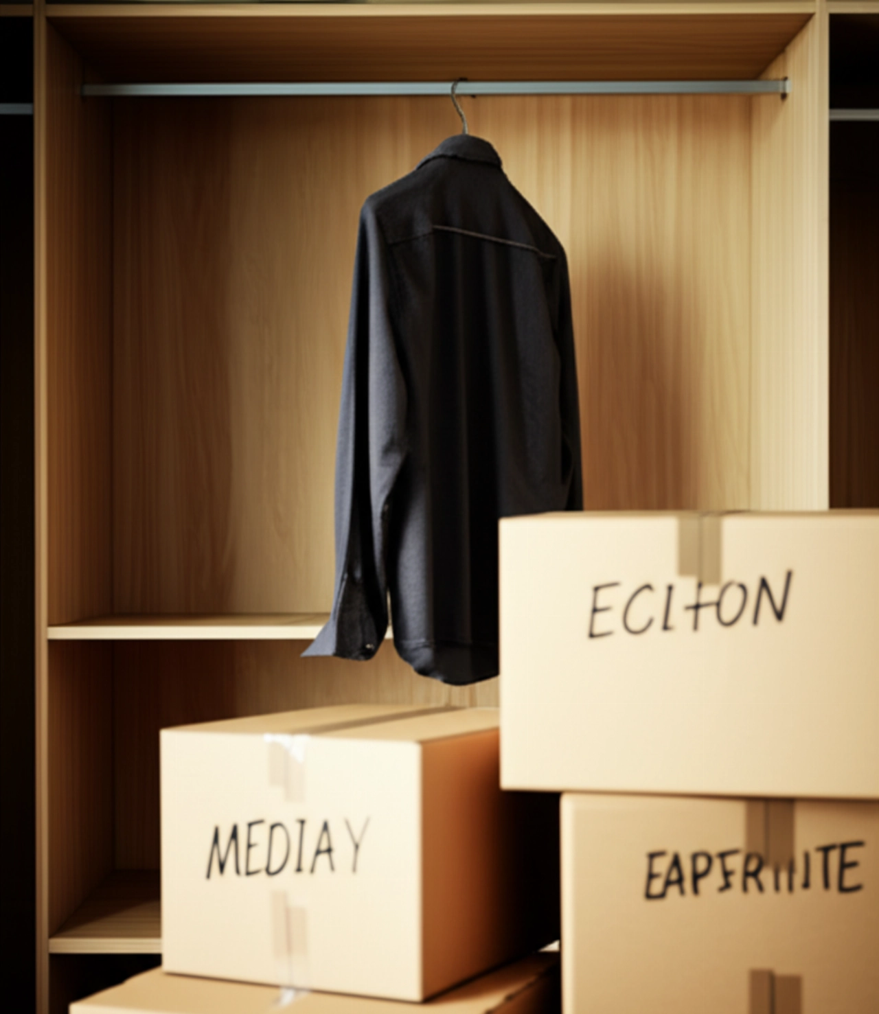 Fast leerer Kleiderschrank mit gestapelten Umzugskartons, symbolisiert eine abgeschlossene Operation.