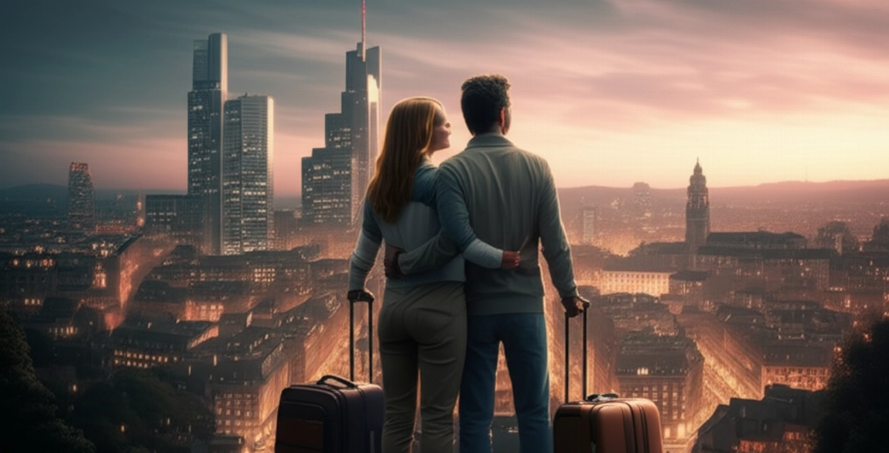 Kaukasisches Paar auf einem Aussichtspunkt, das die Skyline einer europäischen Stadt bei Sonnenuntergang bewundert, mit leichtem Gepäck daneben, was einen Neuanfang im Ausland symbolisiert.