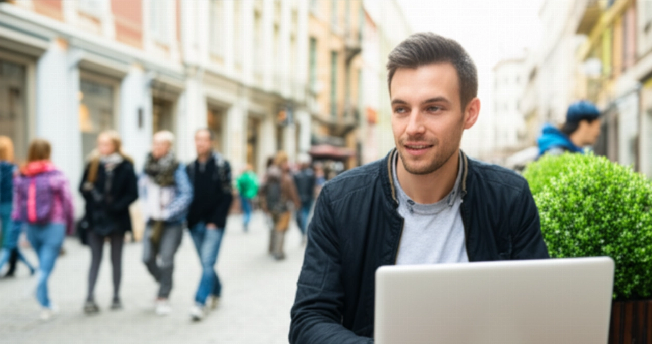 Kaukasischer Mann sitzt an einem Straßencafé-Tisch in einer belebten europäischen Straße, lächelt, während er auf seinen Laptop schaut, was Integration und Leben im Ausland hervorruft.