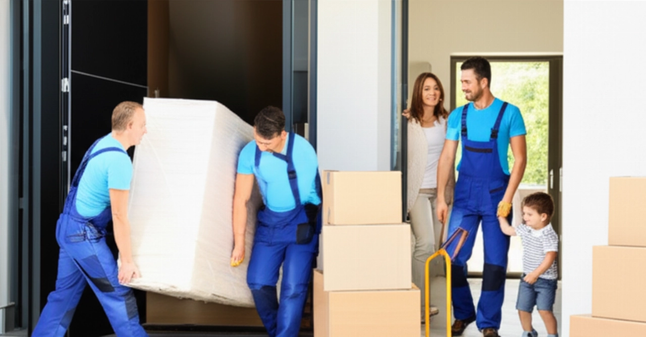 Zwei kaukasische Umzugshelfer transportieren vorsichtig ein Möbelstück, beobachtet von einer lächelnden kaukasischen Familie, in einer Szene, die Effizienz vermittelt.