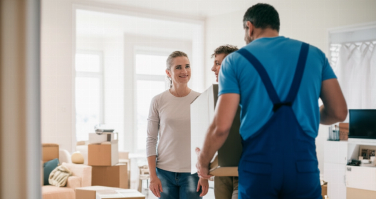 Ein glückliches kaukasisches Paar beobachtet, wie ein professioneller Umzugshelfer die letzte Kiste in ihrem teilweise eingerichteten neuen Zuhause abstellt.
