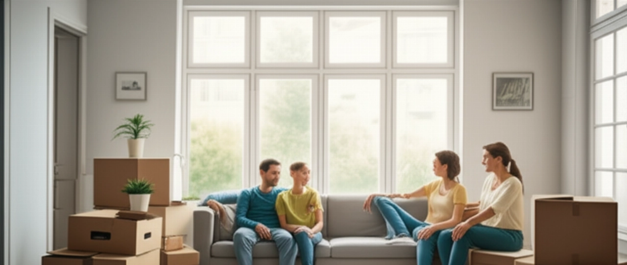 Kaukasische Familie entspannt sich gelassen im neuen Wohnzimmer, mit ordentlich gestapelten Umzugskartons im Hintergrund, was einen einfachen und kostengünstigen Umzug suggeriert.