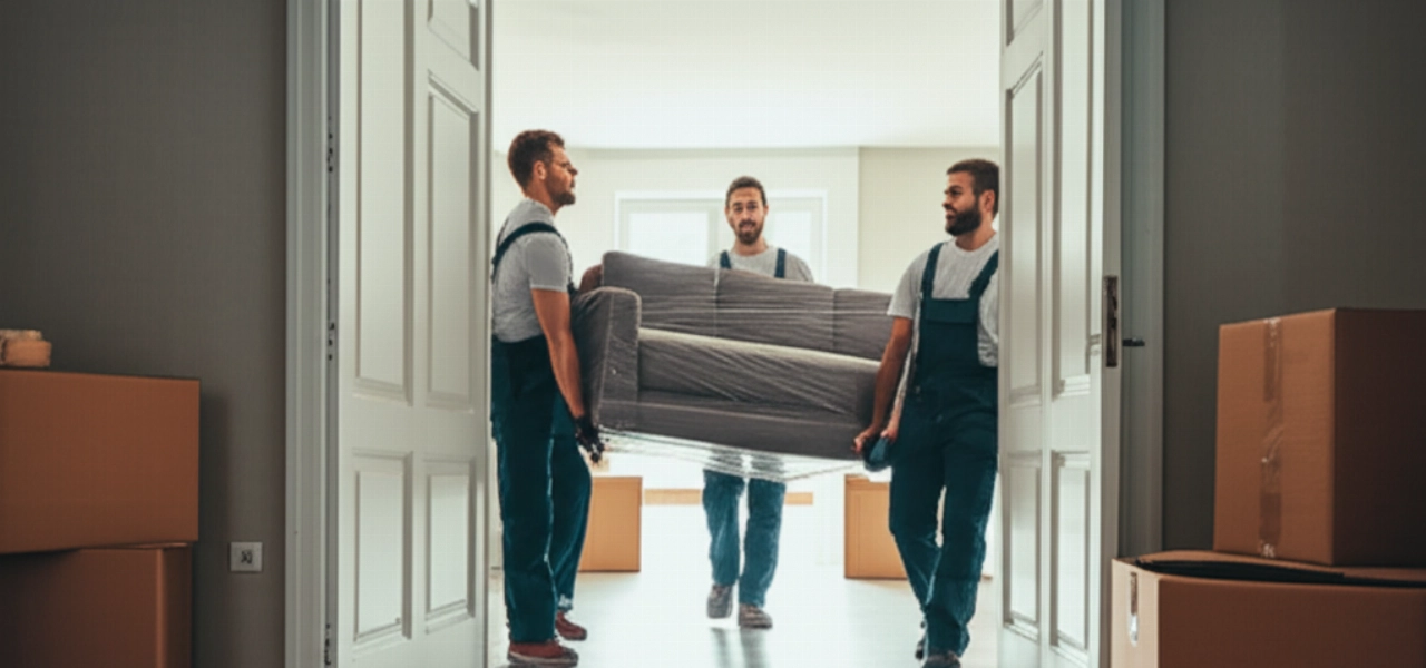 Drei professionelle kaukasische Umzugshelfer transportieren vorsichtig ein großes Möbelstück durch eine Wohnungstür.