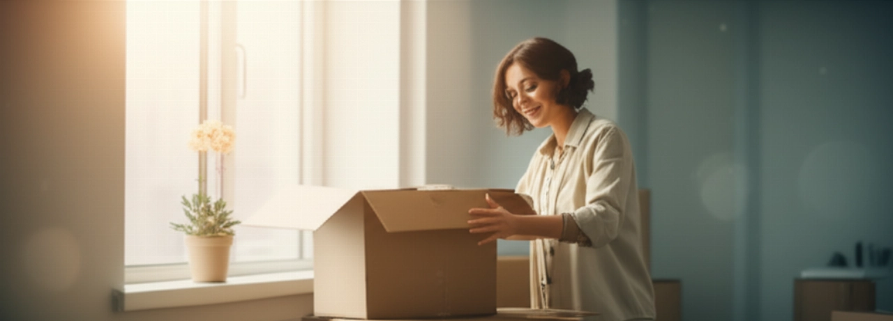 Eine kaukasische Frau packt Kartons in einer hellen, minimalistischen neuen Wohnung aus, was einen Neuanfang symbolisiert.