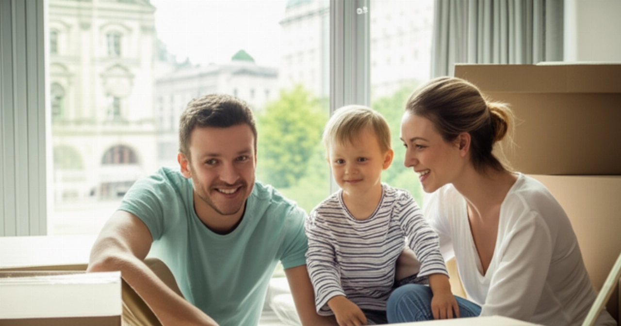 Eine lächelnde kaukasische Familie in ihrem neuen Zuhause in Österreich, umgeben von Kartons, mit Blick auf eine österreichische Stadt aus dem Fenster.