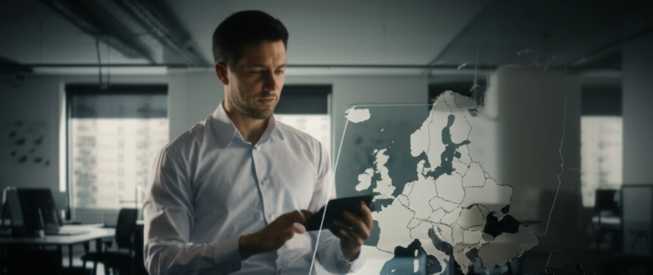 Ein kaukasischer Logistikexperte untersucht eine digitale Europakarte mit hervorgehobenem Österreich in einem modernen Büro.
