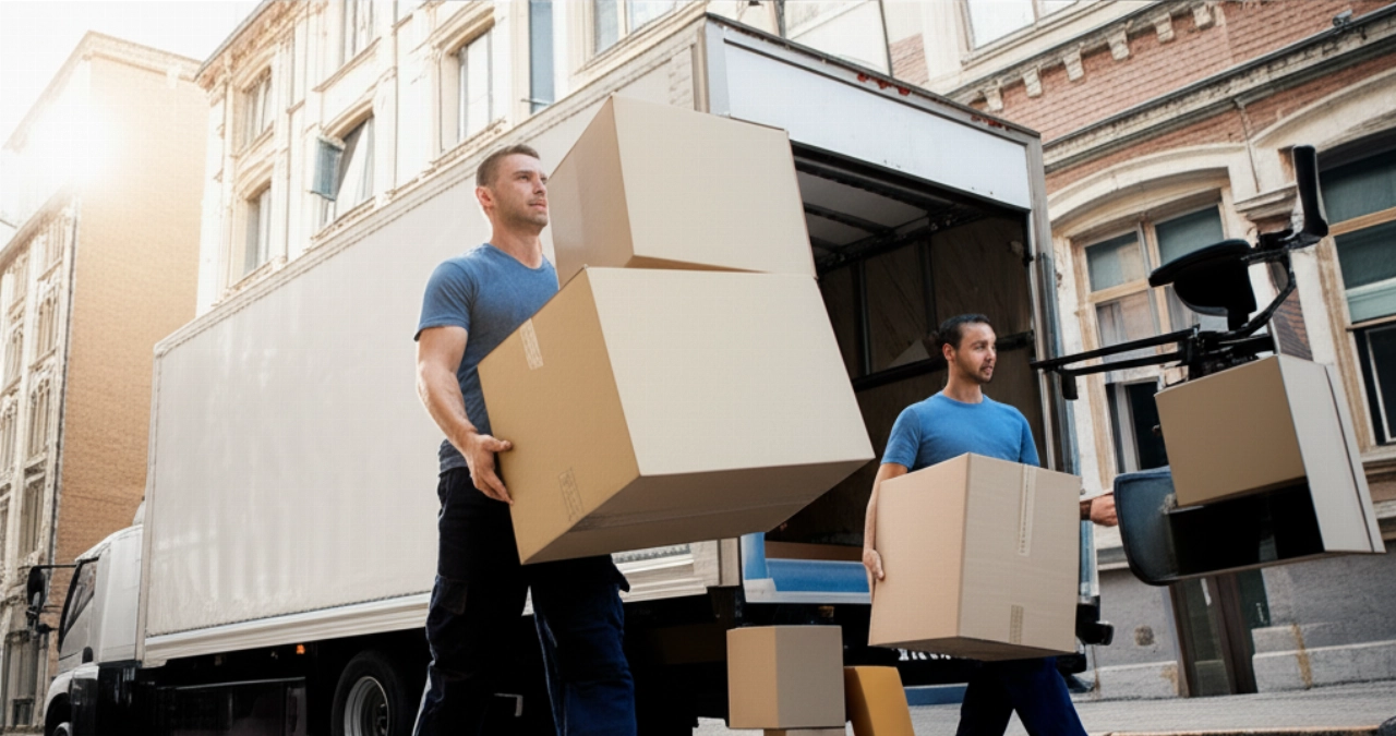 Hyperrealistisches Bild von professionellen kaukasischen Umzugsunternehmen, die effizient Kisten und Möbel aus einem Bürogebäude transportieren, was einen reibungslosen Unternehmensumzug hervorhebt.