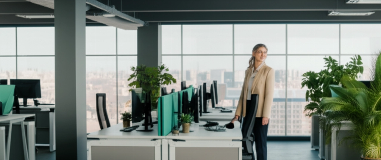 Hyperrealistisches Bild eines hellen, modernen neuen Firmenbüros mit einer lächelnden kaukasischen Mitarbeiterin, das einen erfolgreichen Unternehmensumzug und einen Neuanfang symbolisiert.