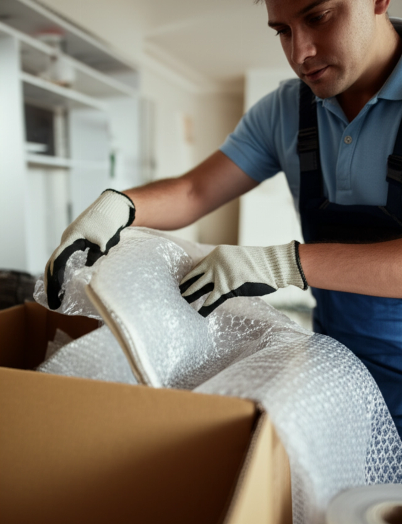Professioneller kaukasischer Umzugsunternehmer verpackt sorgfältig einen zerbrechlichen Gegenstand in Schutzverpackung und zeigt dabei Liebe zum Detail.