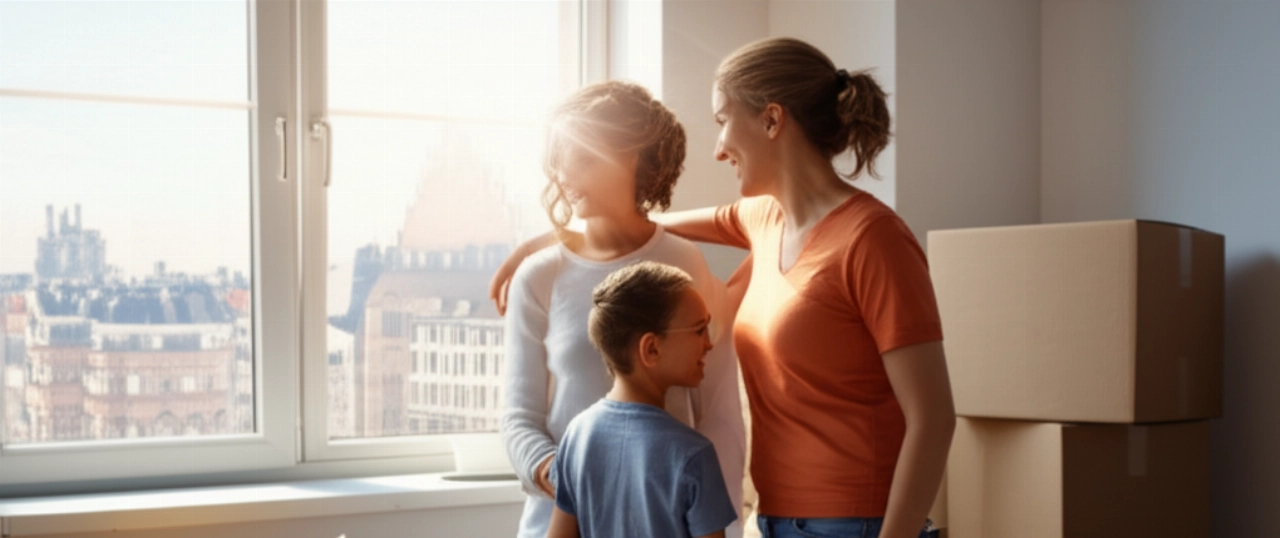 Glückliche kaukasische Familie lächelt in ihrer neuen Wohnung in Belgien, umgeben von Umzugskartons, mit Blick auf eine belgische Stadt.