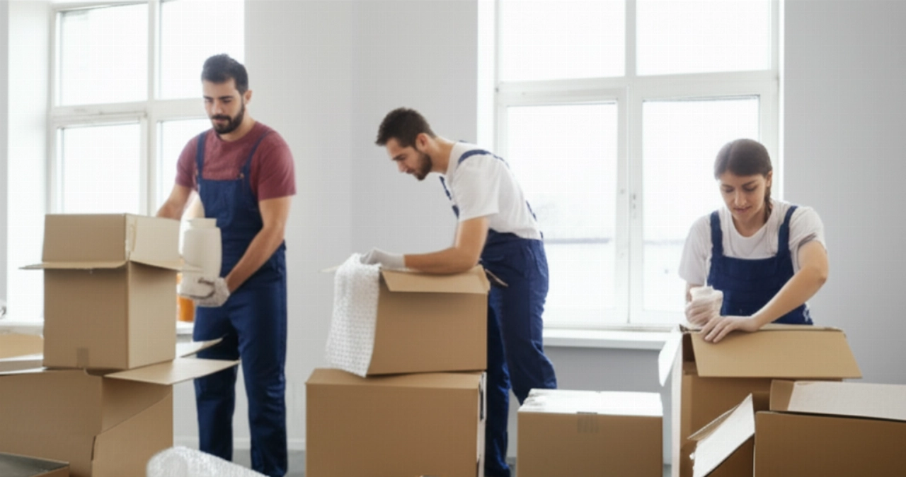 Zwei professionelle kaukasische Umzugshelfer verpacken sorgfältig zerbrechliche Gegenstände in Kartons und zeigen dabei Liebe zum Detail und Organisationstalent.