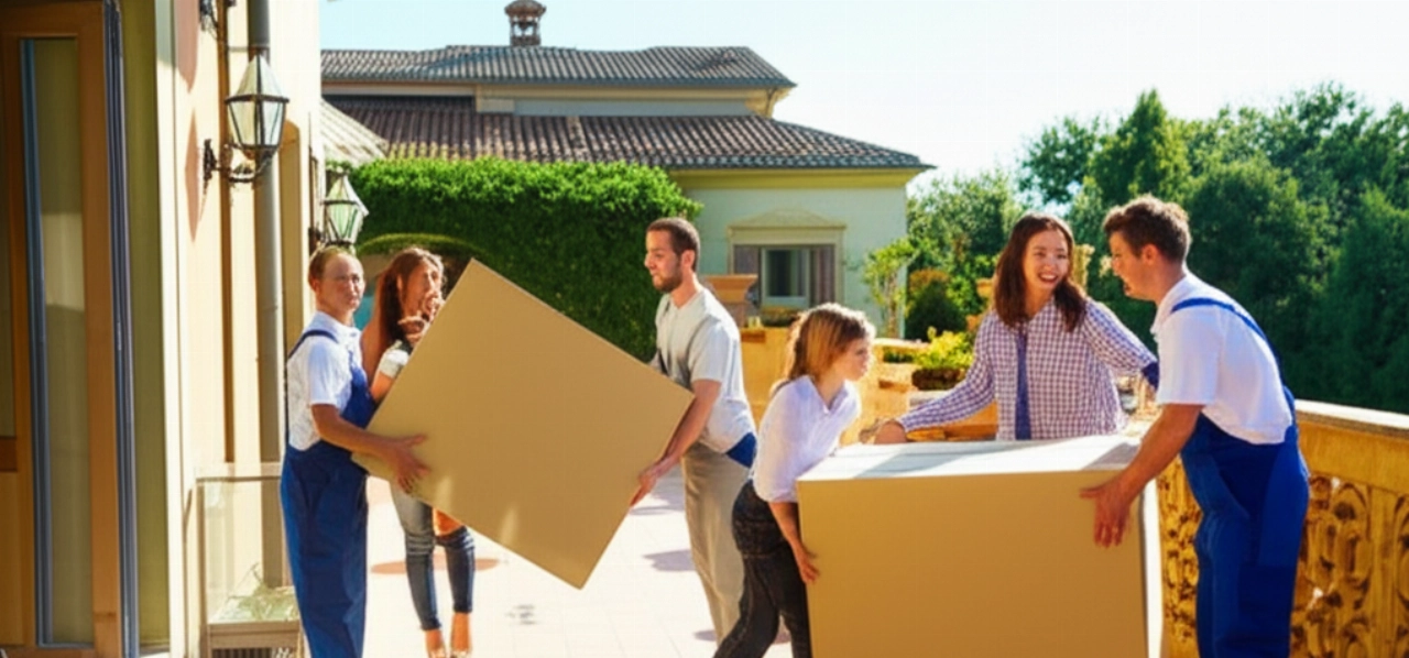 Eine lächelnde kaukasische Familie, während professionelle Umzugshelfer ihre Sachen in eine wunderschöne italienische Villa entladen, was eine friedliche Ankunft symbolisiert.