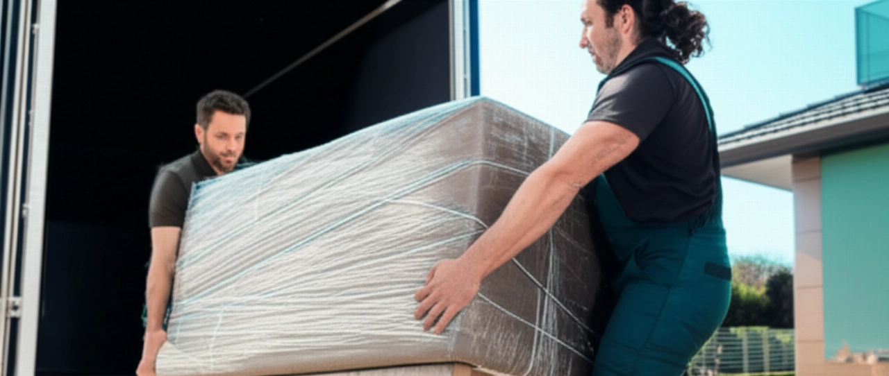 Zwei professionelle kaukasische Umzugshelfer transportieren vorsichtig ein großes, verpacktes Möbelstück und zeigen dabei Effizienz und Präzision während eines Umzugs.