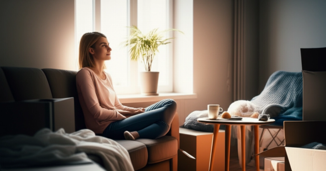 Eine kaukasische Frau entspannt sich auf einem Sofa in ihrem neuen Zuhause, umgeben von teilweise geöffneten Kartons, und genießt einen Moment der Ruhe nach dem Umzug.