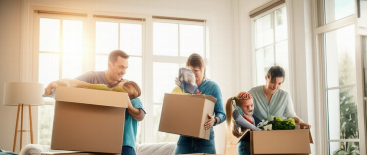 Glückliche kaukasische Familie packt Kartons in ihrem hellen neuen Zuhause aus, was einen Neuanfang symbolisiert.