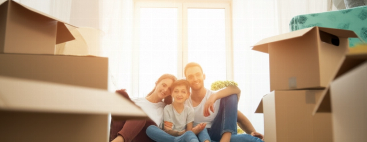Eine glückliche und entspannte kaukasische Familie in ihrem neuen, teilweise ausgepackten Zuhause, mit offenen Umzugskartons und Sonnenlicht.