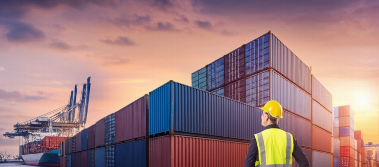 Eine hyperrealistische Luftaufnahme eines internationalen Hafens bei Sonnenaufgang, mit Stapeln bunter Container und einem Frachtschiff, was die globale Logistik von Umzügen symbolisiert.
