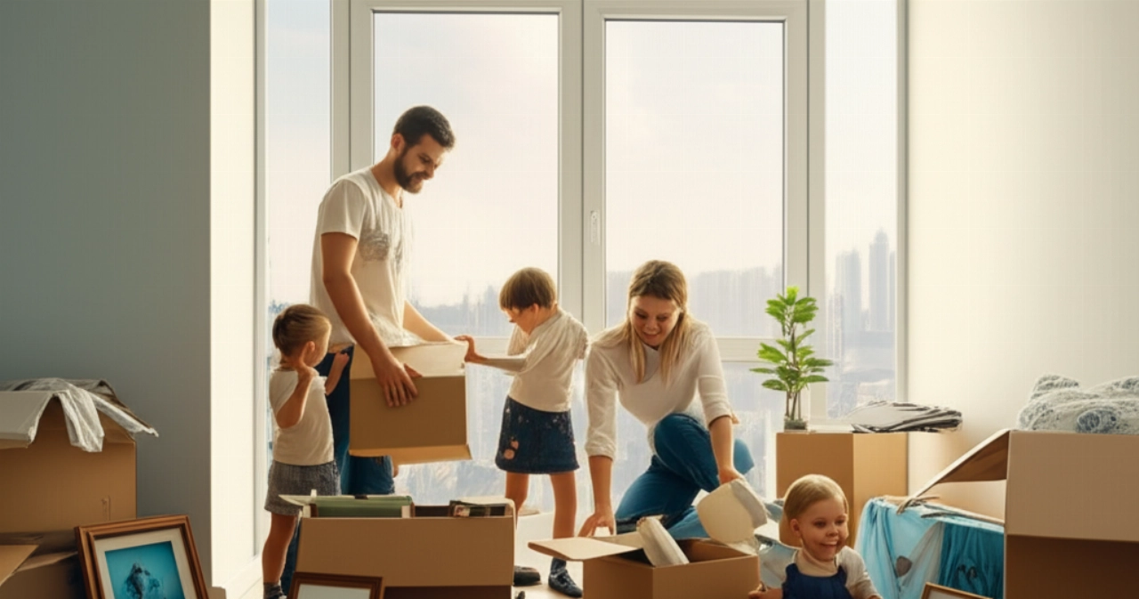 Eine kaukasische Familie packt glücklich in einer hellen neuen Wohnung aus, mit einer fremden Stadtsilhouette vom Fenster aus sichtbar, was einen erfolgreichen internationalen Umzug und einen Neuanfang symbolisiert.