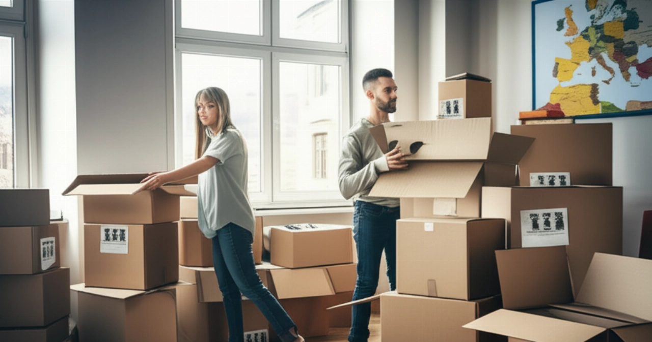 Ein kaukasisches Paar packt sorgfältig Umzugskartons in einer hellen europäischen Wohnung, mit einer Europakarte im Hintergrund, was die Organisation eines internationalen Umzugs symbolisiert.