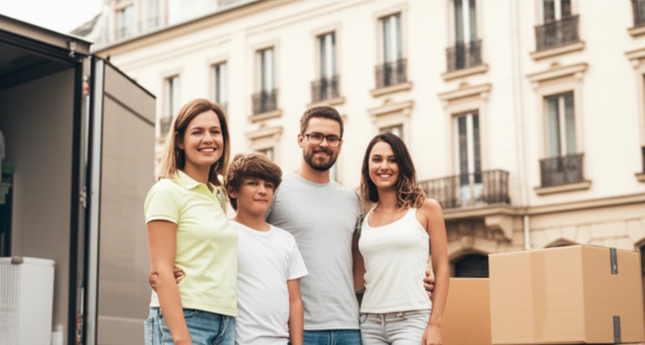 Eine glückliche kaukasische Familie lächelt vor ihrem neuen europäischen Zuhause mit Kartons und einem Umzugswagen im Hintergrund, was einen ruhigen Neuanfang symbolisiert.