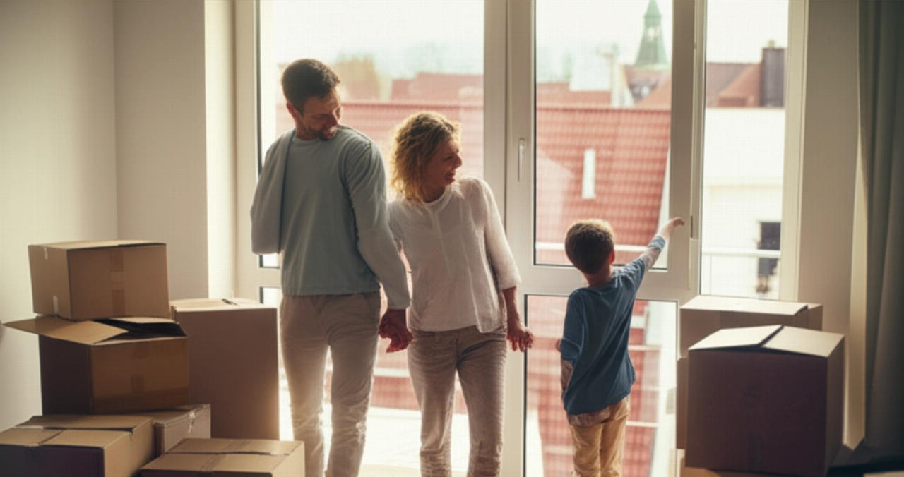 Glückliche kaukasische Familie in einer neuen Wohnung in Deutschland, umgeben von Kartons, mit Blick auf die Stadt.